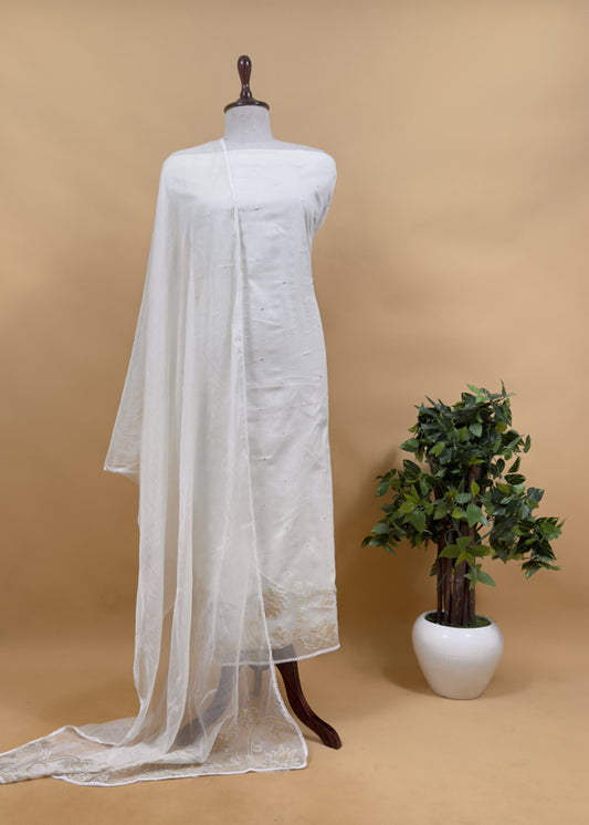Ivory White Pure Mulmul Suit Fabric With Kamal Tissue Appliqué Work And Faux Mirrors