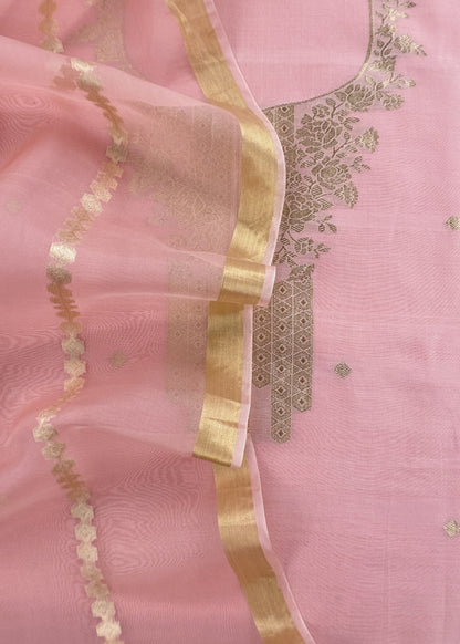 Pink Handloom Unstitched Chanderi Silk Suit With Kadwa Weaving