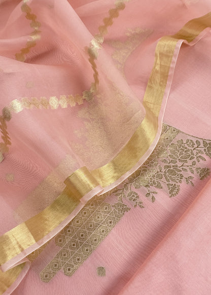 Pink Handloom Unstitched Chanderi Silk Suit With Kadwa Weaving