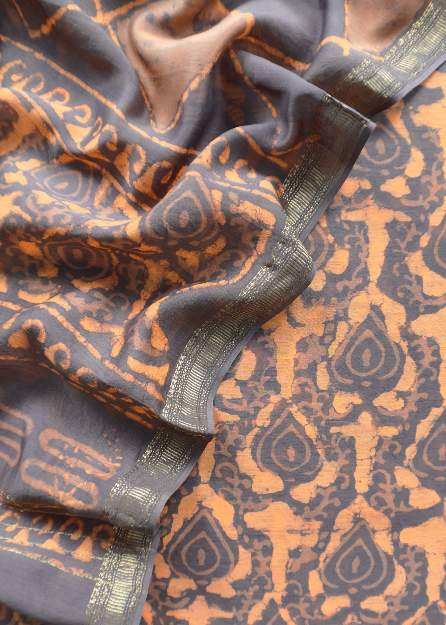 Orange With Brown - Sanganeri Block Printed Pure Chanderi Suit Fabric