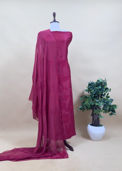 Candy Pink Handloom Silk Suit fabric With French Appliqué And Cut Work