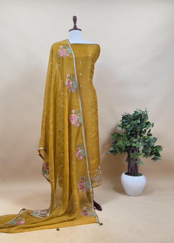 Teal Blue Kora Silk Suit With Gold Zari And Lotus Bharwa Embroidery
