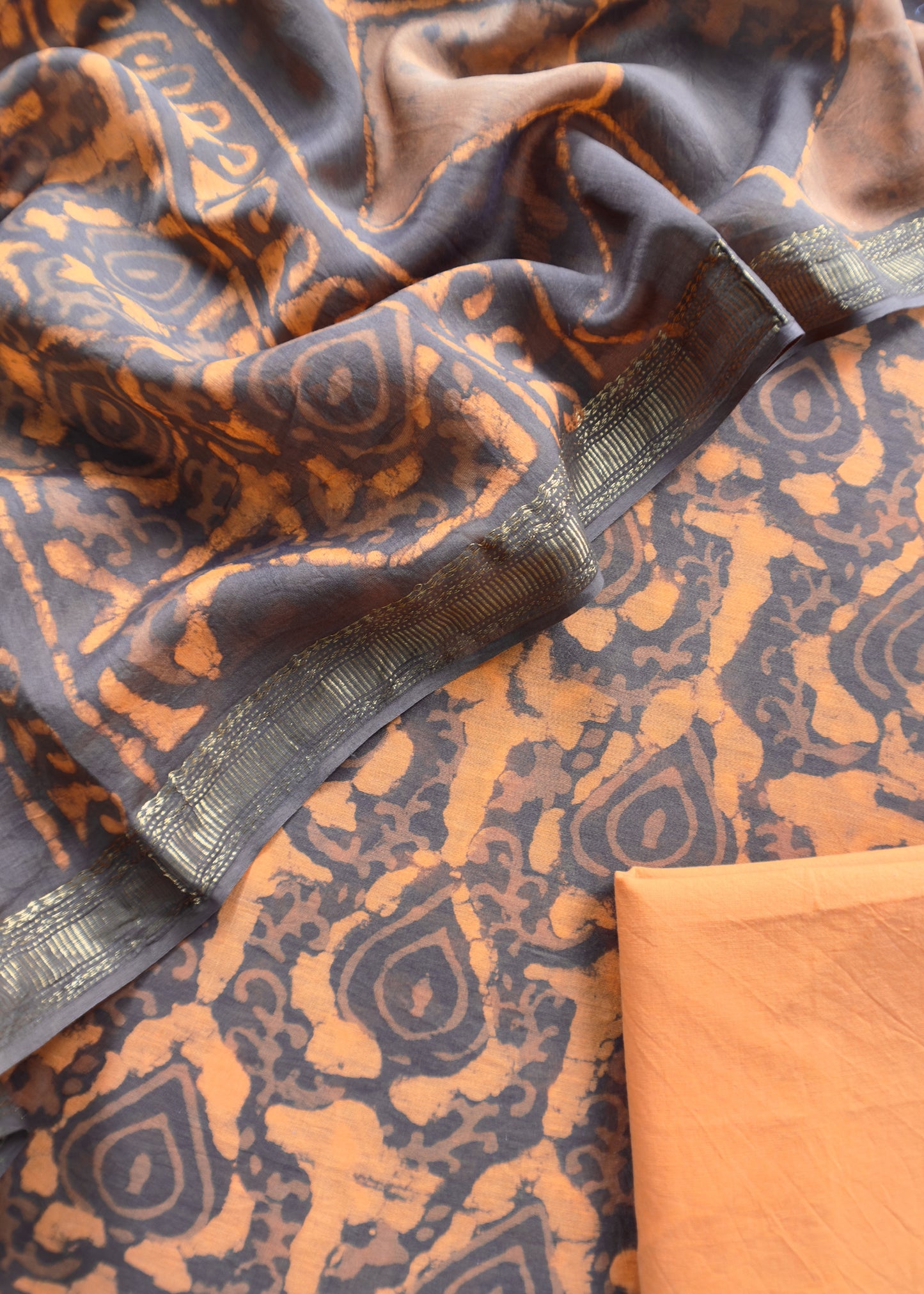 Orange With Brown - Sanganeri Block Printed Pure Chanderi Suit Fabric