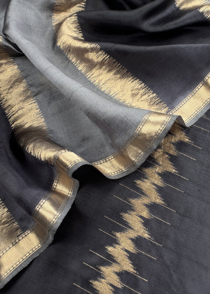 Kalasheel Luxe Black Chiniya Silk With Gold Ikkat Weave