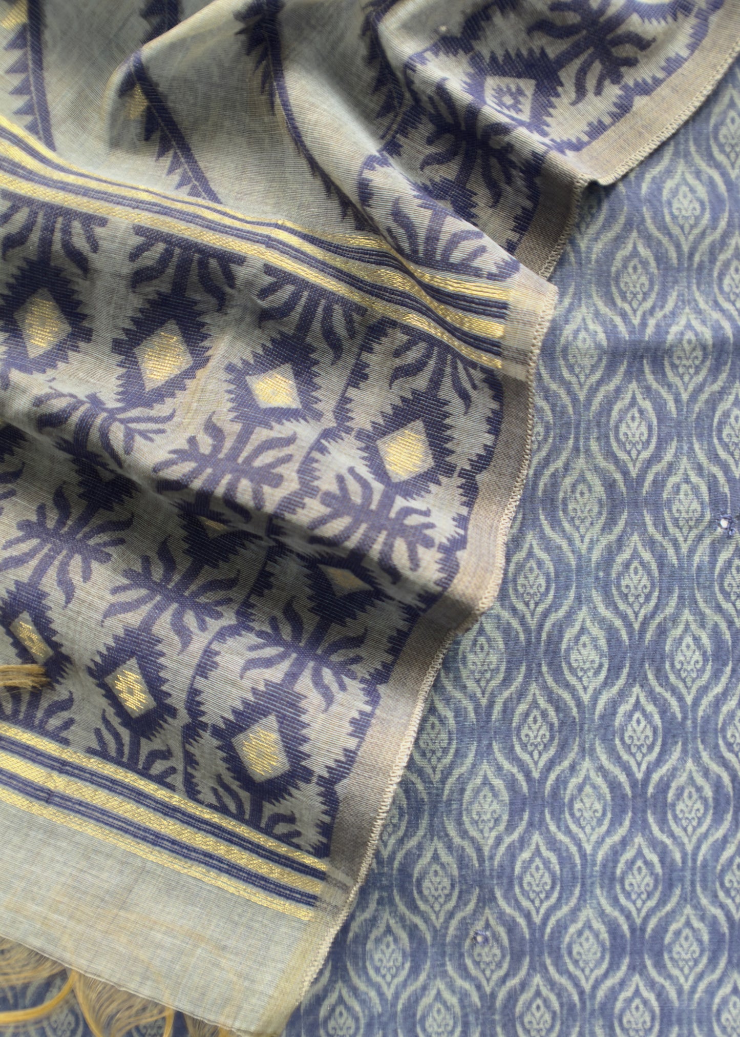 Blue Hand Blocked Print Chanderi Suit Fabric With Jamdani Dupatta