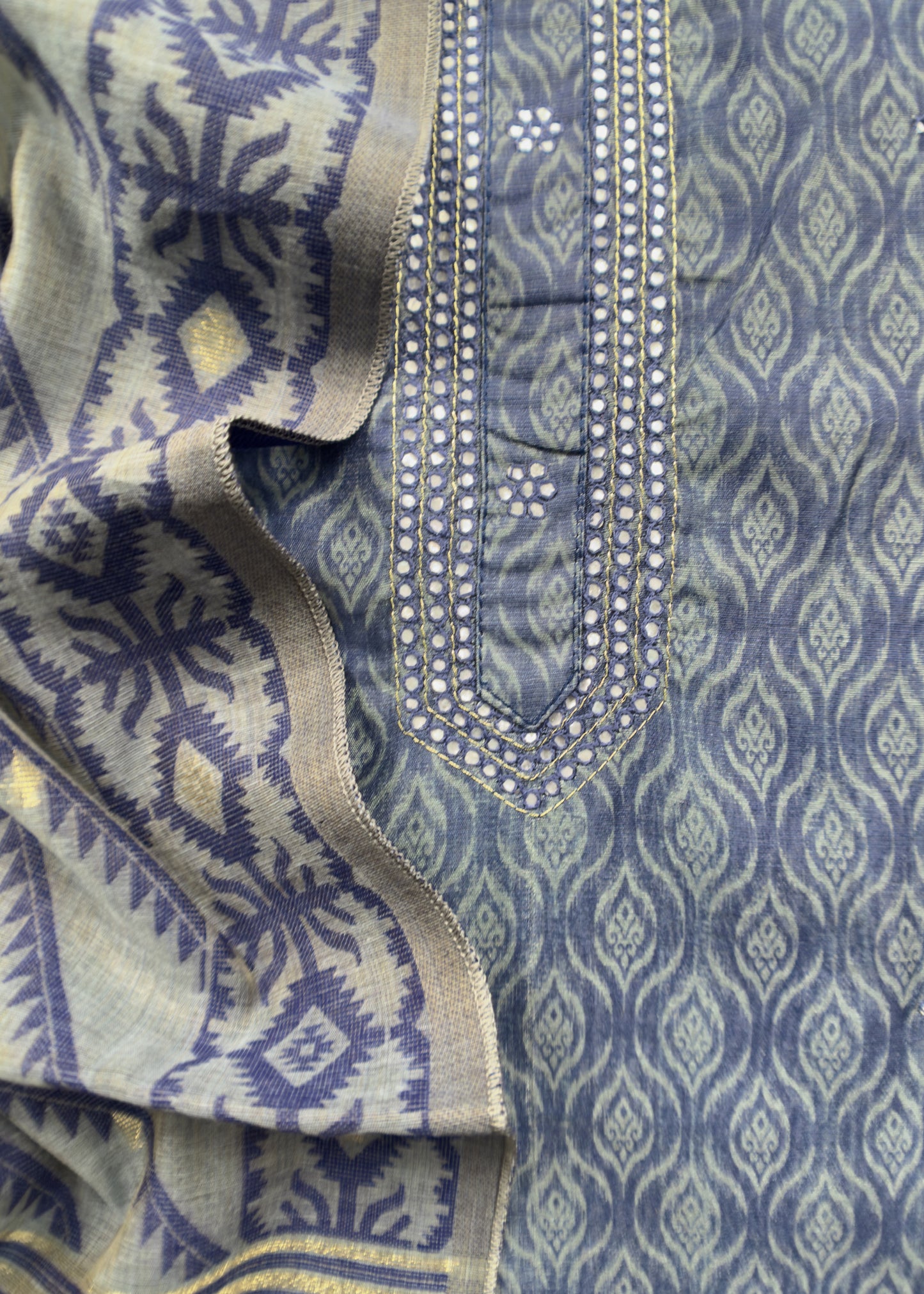 Blue Hand Blocked Print Chanderi Suit Fabric With Jamdani Dupatta