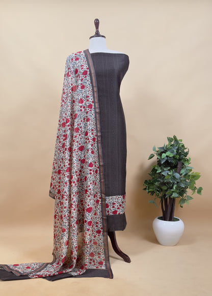 Black Block Print Pure Maheshwari Silk Suit With Floral Print Dupatta