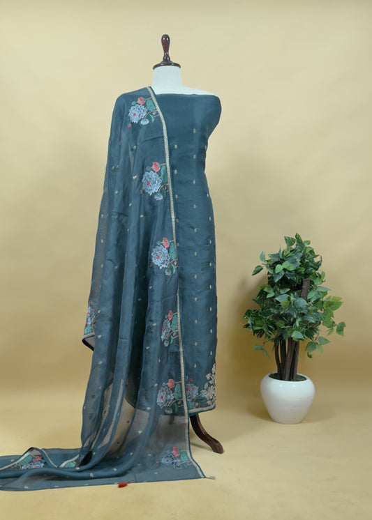 Teal Blue Kora Silk Suit With Gold Zari And Lotus Bharwa Embroidery