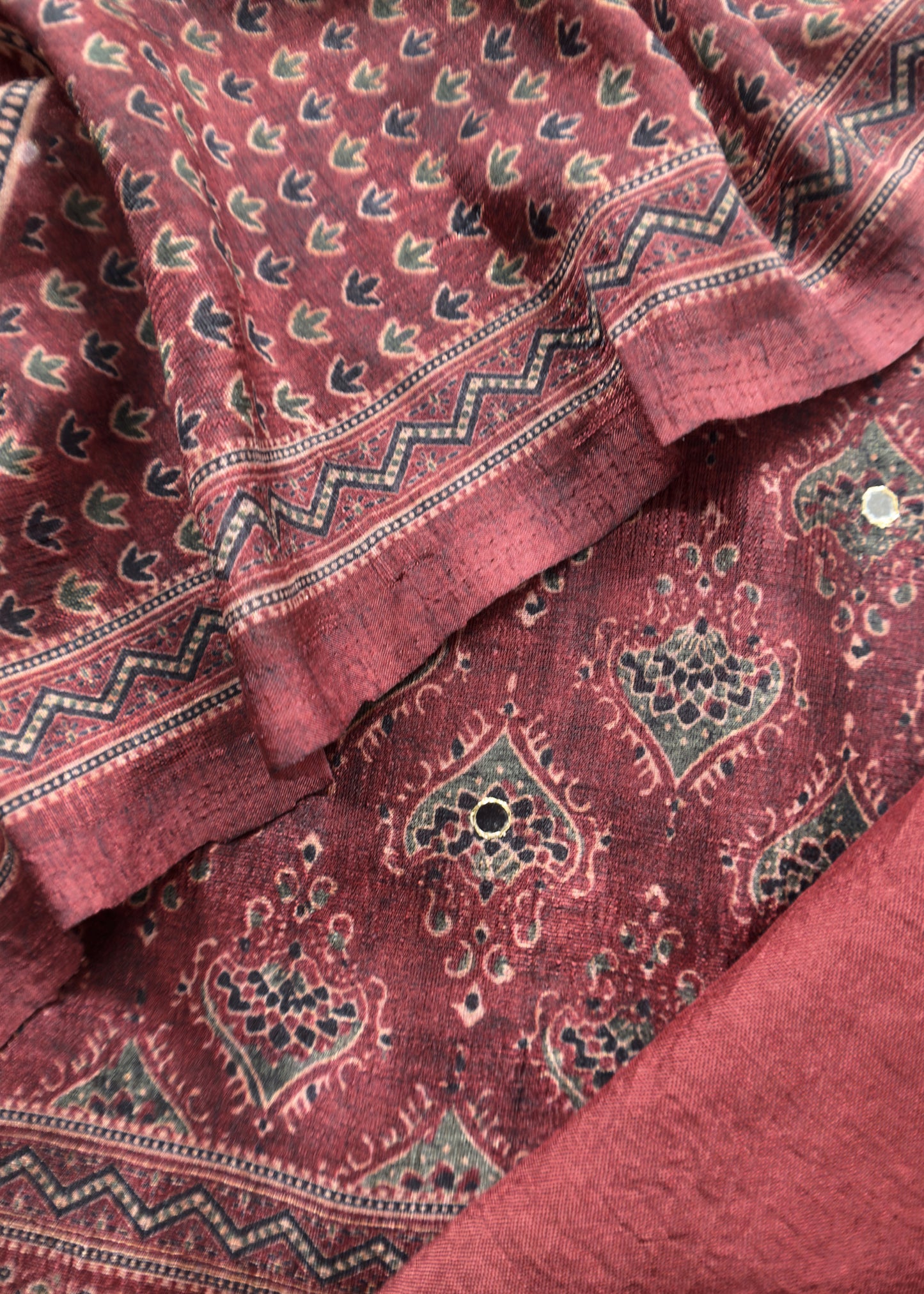 Maroon Unstitched Tussar Suit With Ajrakh Print