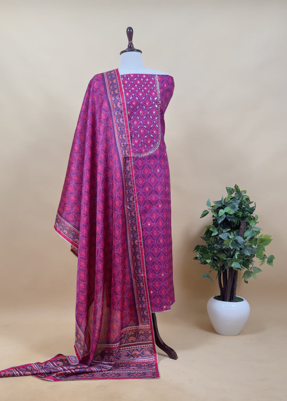 Pink Ikkat Chanderi Suit Fabric With Gotta Patti Handwork And Faux Mirrors