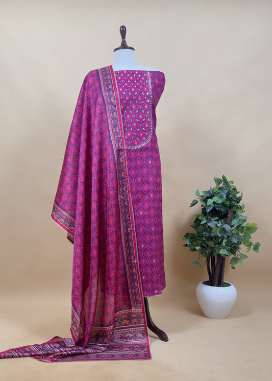 Pink Ikkat Chanderi Suit Fabric With Gotta Patti Handwork And Faux Mirrors