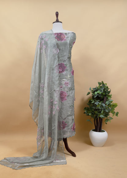 Olive Green Crushed Tissue Silk Unstitched Suit