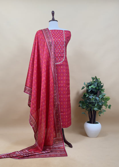 Red Ikkat Chanderi Suit Fabric With Gotta Patti Handwork And Faux Mirrors