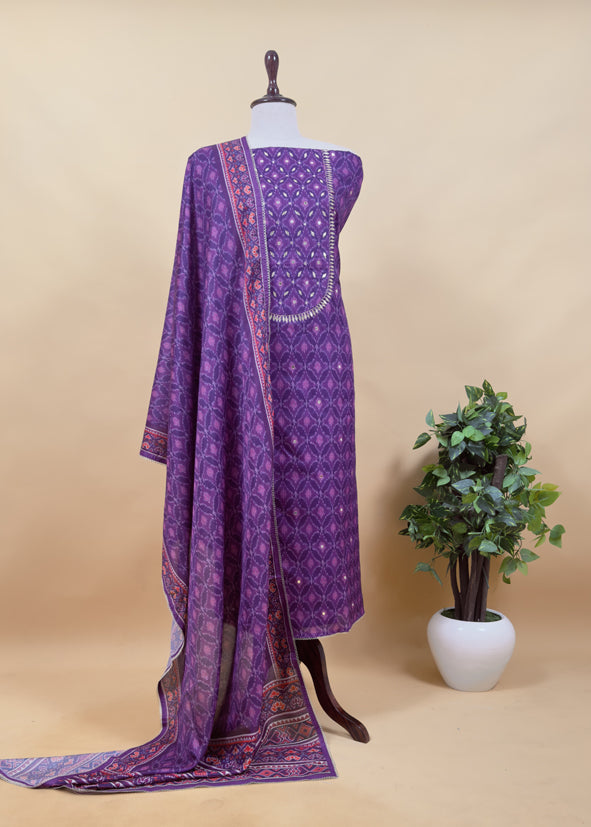 Pink Ikkat Chanderi Suit Fabric With Gotta Patti Handwork And Faux Mirrors