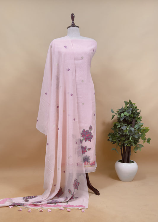 Floral Paradise Jute Linen Suit fabric with shaded Jamdani weaving
