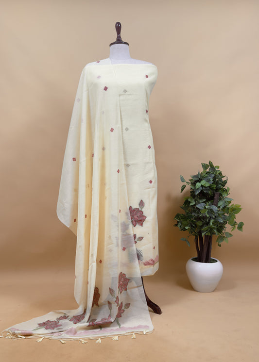 Floral Paradise Jute Linen Suit fabric with shaded Jamdani weaving