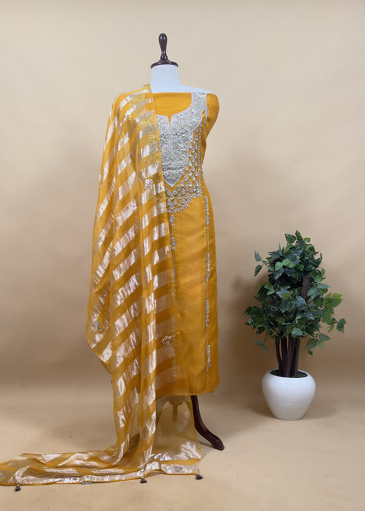 Luxe Yellow Organza Silk Suit Fabric And Zari Panel Dupatta With Dori And Gotapatti Handwork