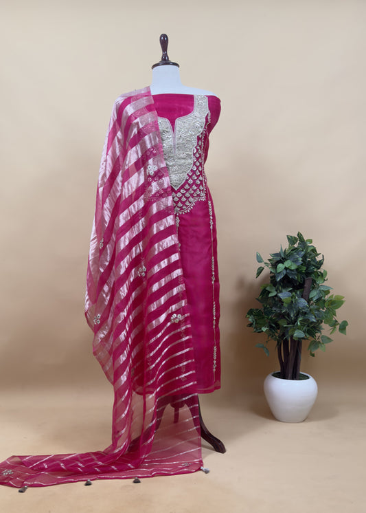 Luxe Deep Pink Organza Silk Suit fabric And Zari Panel Dupatta With Dori And Gotapatti Handwork