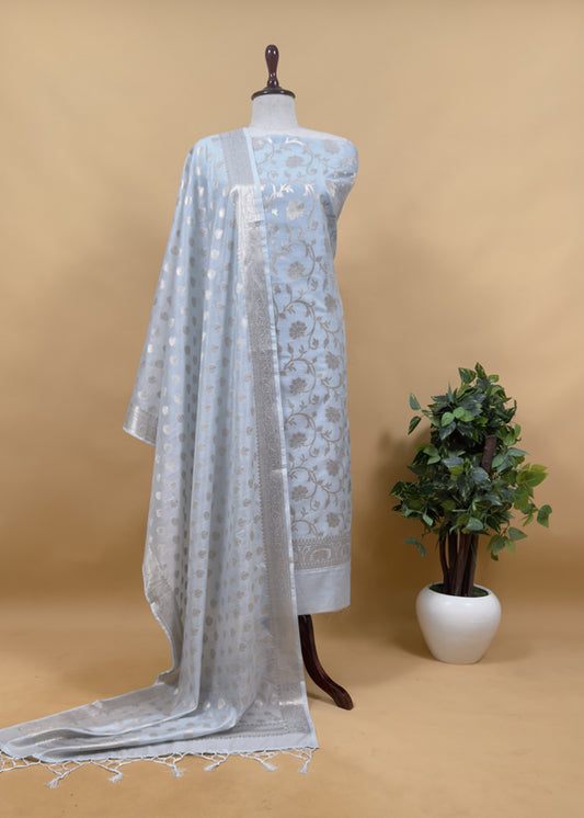 Sky Blue Banarasi Chanderi Silk Suit In Zari Work