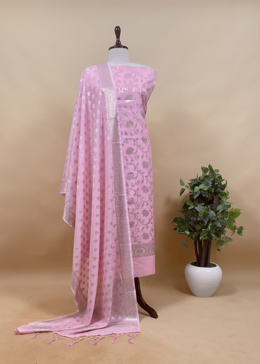 Baby Pink Banarasi Chanderi Silk Suit In Zari Work