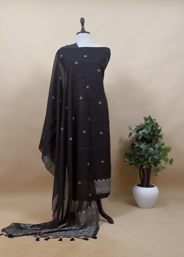 Forest Green Traditional Linen Chanderi Suit Fabric With Jamdani Weaving