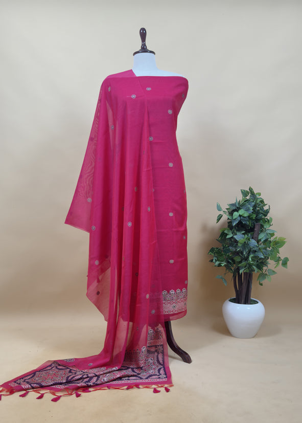 Forest Green Traditional Linen Chanderi Suit Fabric With Jamdani Weaving
