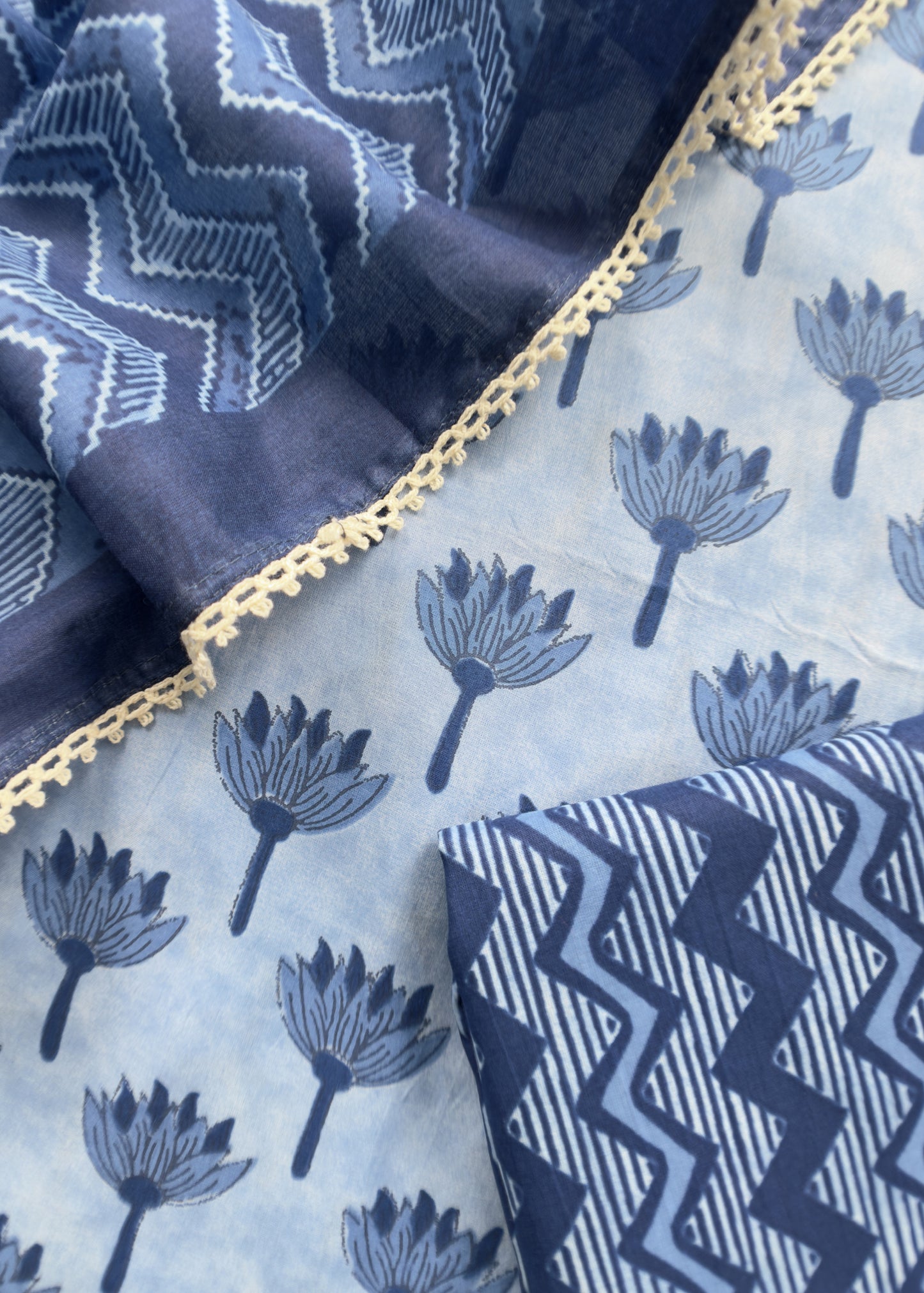 Indigo Blue Hand Block Suits Fabric In Pure Cotton