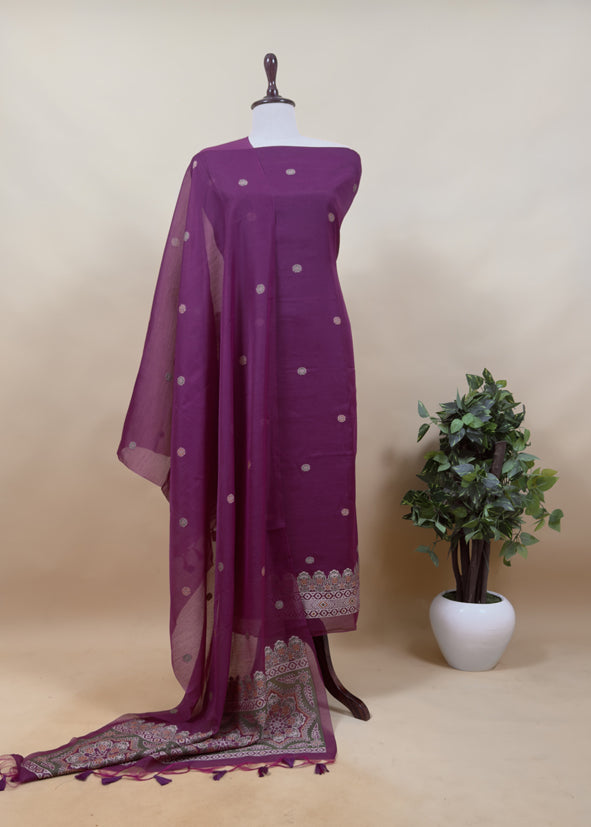 Forest Green Traditional Linen Chanderi Suit Fabric With Jamdani Weaving
