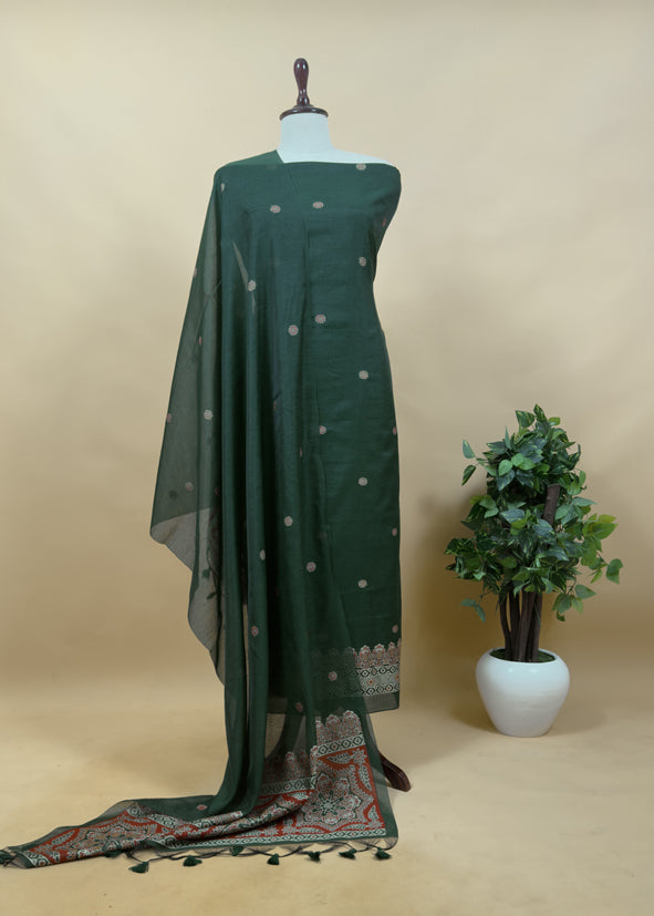 Forest Green Traditional Linen Chanderi Suit Fabric With Jamdani Weaving