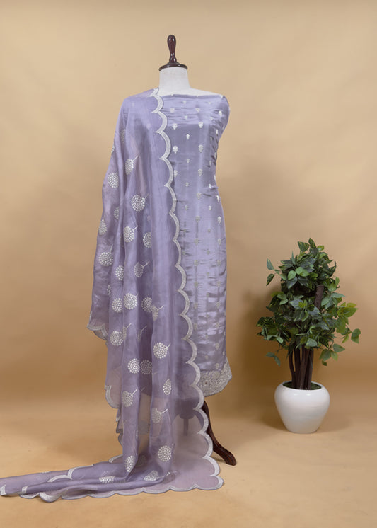 Luxe English Blue Handloom Silk Suit With Kora Silk Dupatta Adorned With Gold Pitta Work And Resham Embroidery