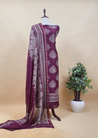 Berry Wine Tulip Maheshwari Silk Unstitched Suit With Dupatta