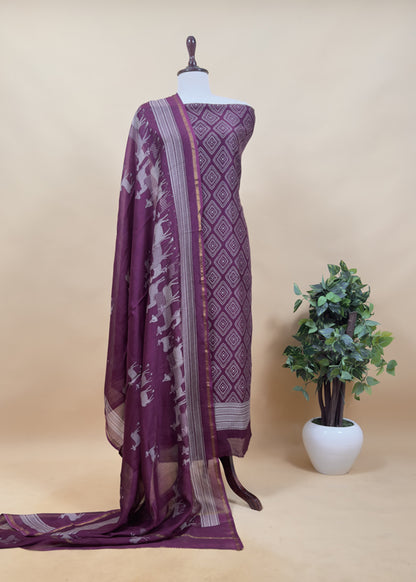 Berry Wine Tulip Maheshwari Silk Unstitched Suit With Dupatta