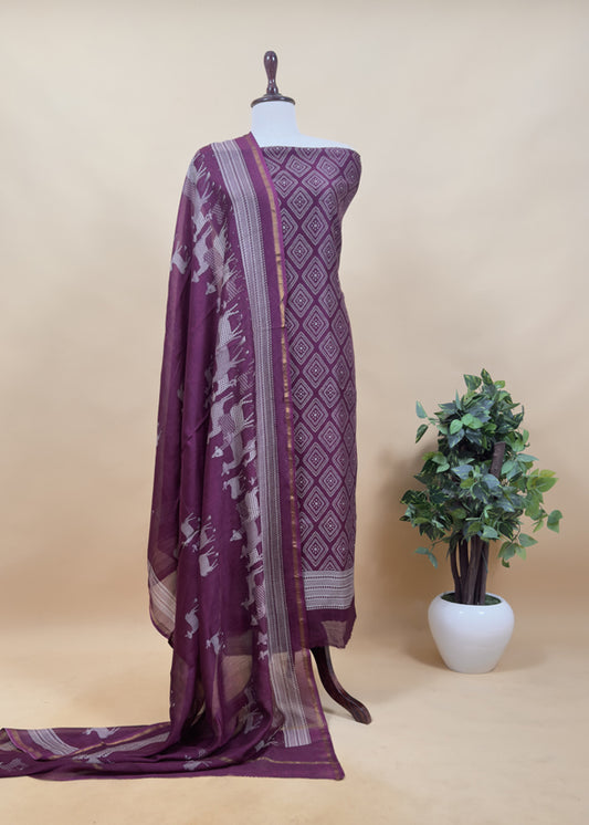Berry Wine Bandhani Print Pure Maheshwari Silk Suit Fabric With Traditional Deer Dupatta