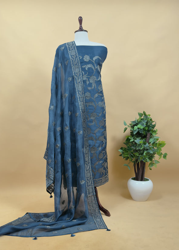 French Violet Pure Organza Silk Suit Fabric With Parsi Tulips Resham Embroidery