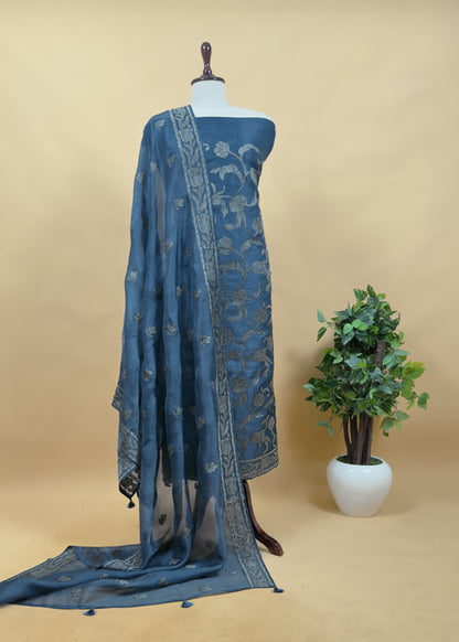 French Violet Pure Organza Silk Suit Fabric With Parsi Tulips Resham Embroidery