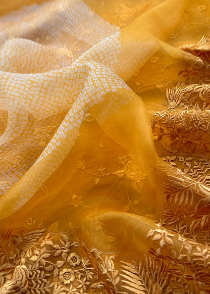 Yellow Embroidered Organza Silk Unstitched Suit With Resham Embroidery Dupatta