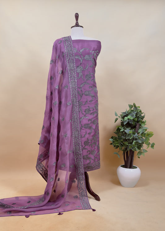 French Violet Pure Organza Silk Suit Fabric With Parsi Tulips Resham Embroidery