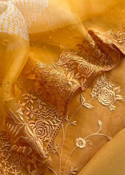 Yellow Embroidered Organza Silk Unstitched Suit With Resham Embroidery Dupatta