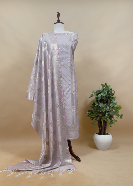 Grey Banarasi Chanderi Silk Suit In Zari Work