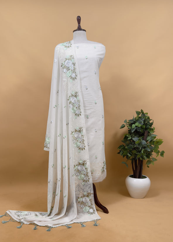 Off-White With Green Pure Mul Banarasi Cotton Suit With Resham Embroidery