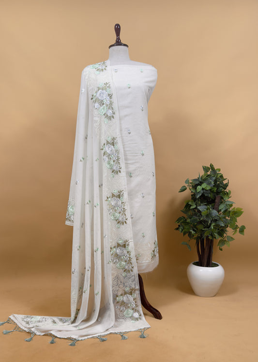 Off-White With Green Pure Mul Banarasi Cotton Suit With Resham Embroidery