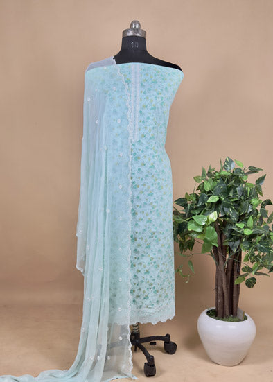 Sky Blue Unstitched Suit With Chiffon Dupatta