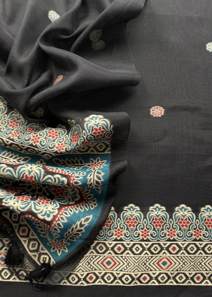 Black Traditional Linen Chanderi Suit Fabric With Jamdani Weaving