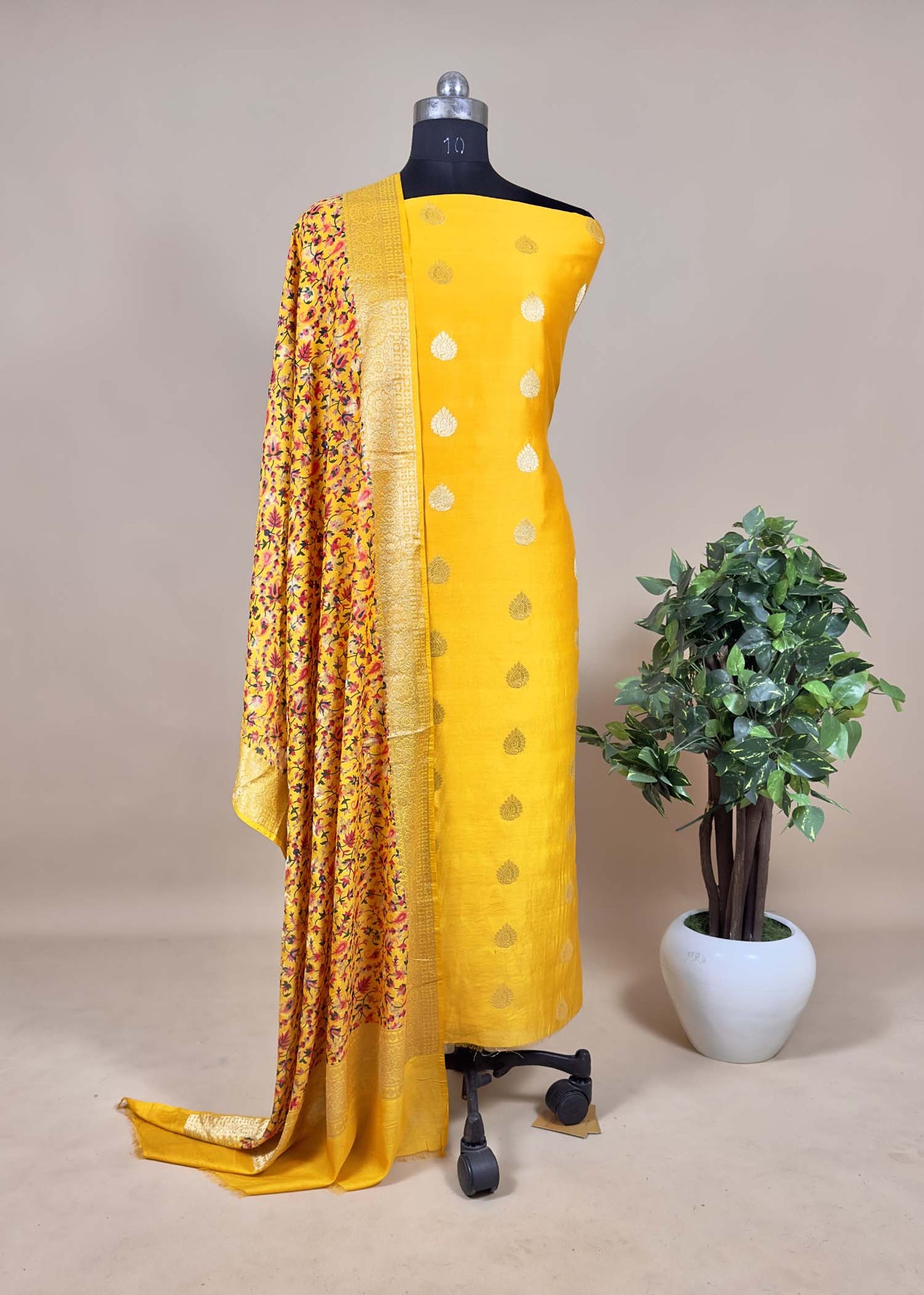 Yellow Banarasi Suit With Kalamkari Dupatta