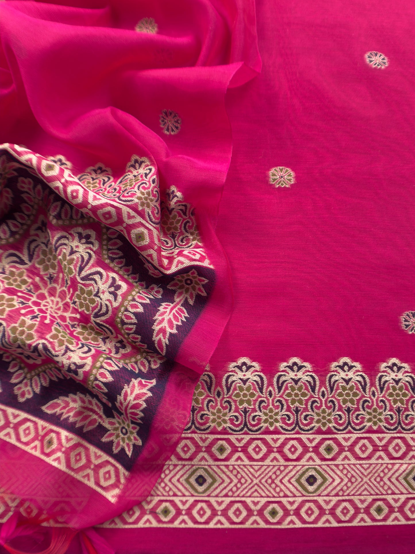 Pink Traditional Linen Chanderi Suit Fabric With Jamdani Weaving