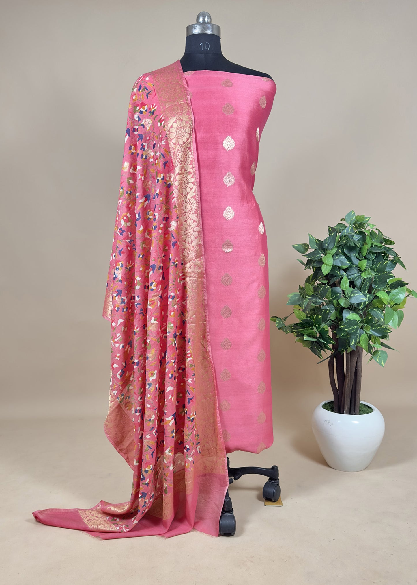 Pink Banarasi Suit With Kalamkari Dupatta