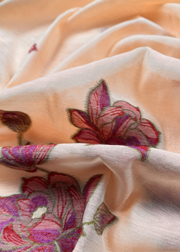 Peach Floral Paradise Jute Linen Suit fabric with shaded Jamdani weaving