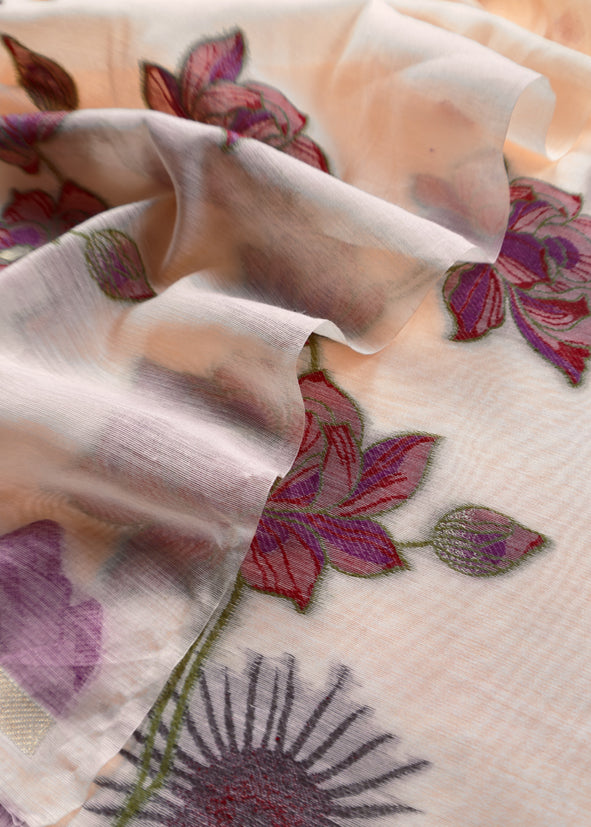 Peach Floral Paradise Jute Linen Suit fabric with shaded Jamdani weaving