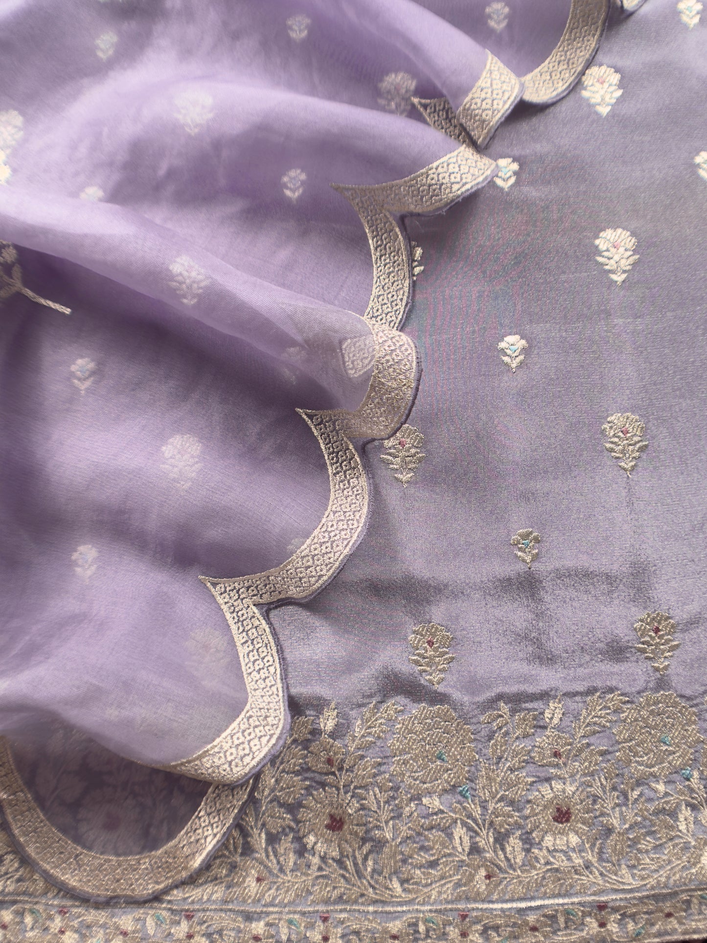 Luxe English Blue Handloom Silk Suit With Kora Silk Dupatta Adorned With Gold Pitta Work And Resham Embroidery