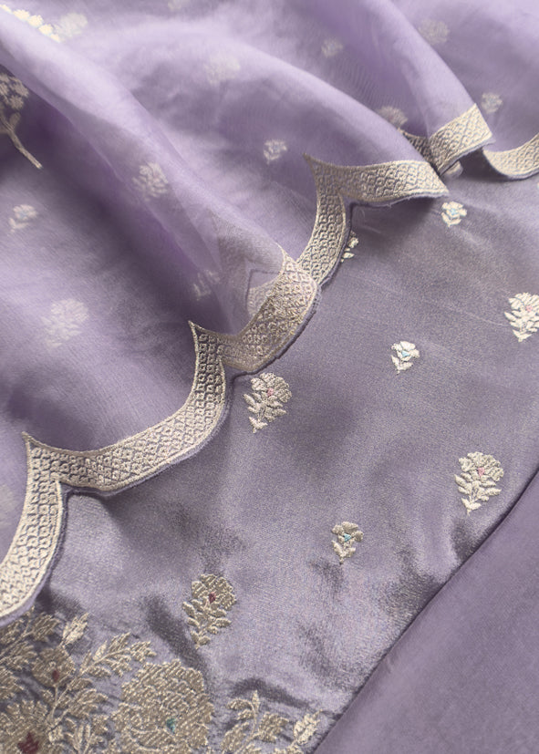 Luxe English Blue Handloom Silk Suit With Kora Silk Dupatta Adorned With Gold Pitta Work And Resham Embroidery